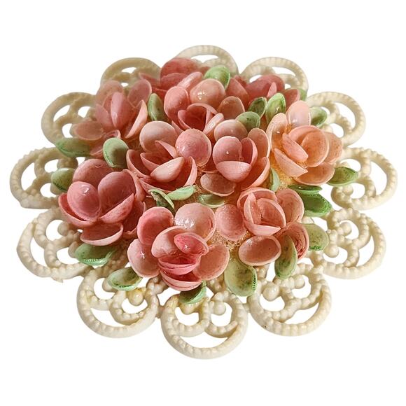 Celluloid Filigree Brooch w Pink Sea Shell Roses c. 1930s over 2" Spring Flowers - Picture 1 of 8